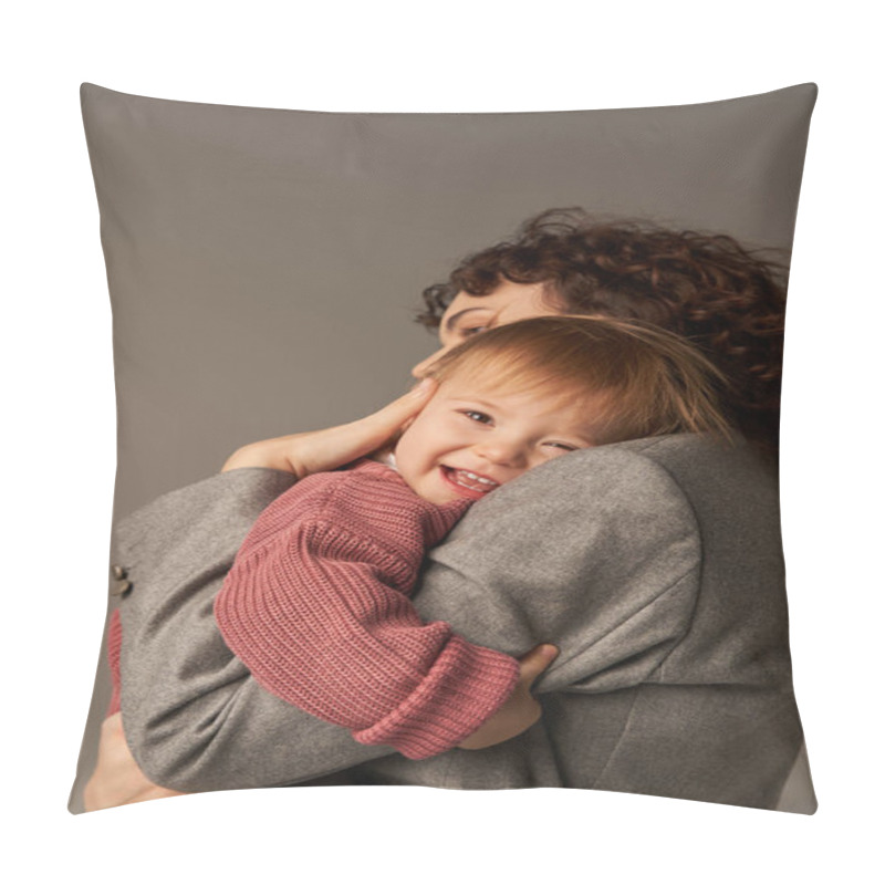 Personality  Working Mother, Parenting And Career, Curly Businesswoman Embracing Happy Toddler Daughter On Grey Background, Work Life Harmony Concept, Loving Motherhood, Quality Family Time  Pillow Covers