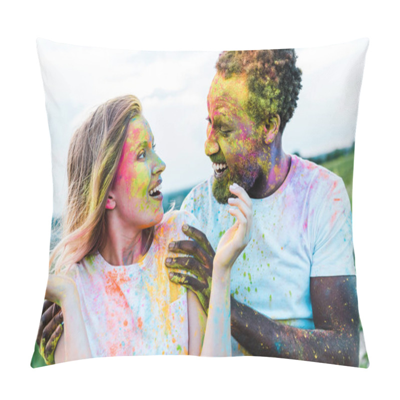 Personality  Happy African American Man Touching Shoulders Of Surprised Young Woman With Holi Paints On Face  Pillow Covers