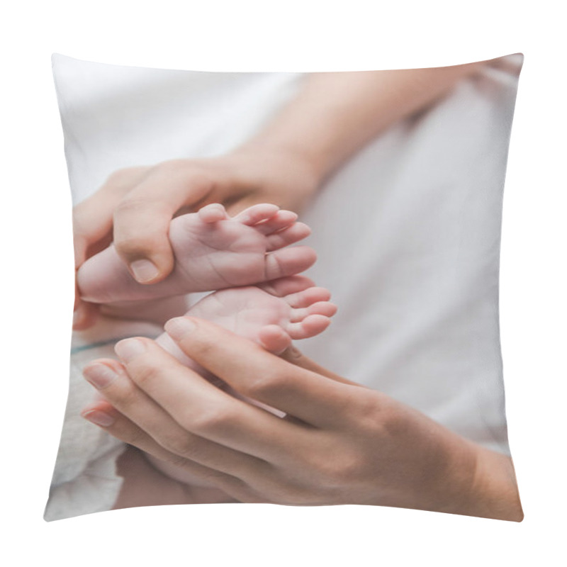 Personality  Selective Focus Of Mother Doing Massage While Touching Legs Of Infant Baby  Pillow Covers