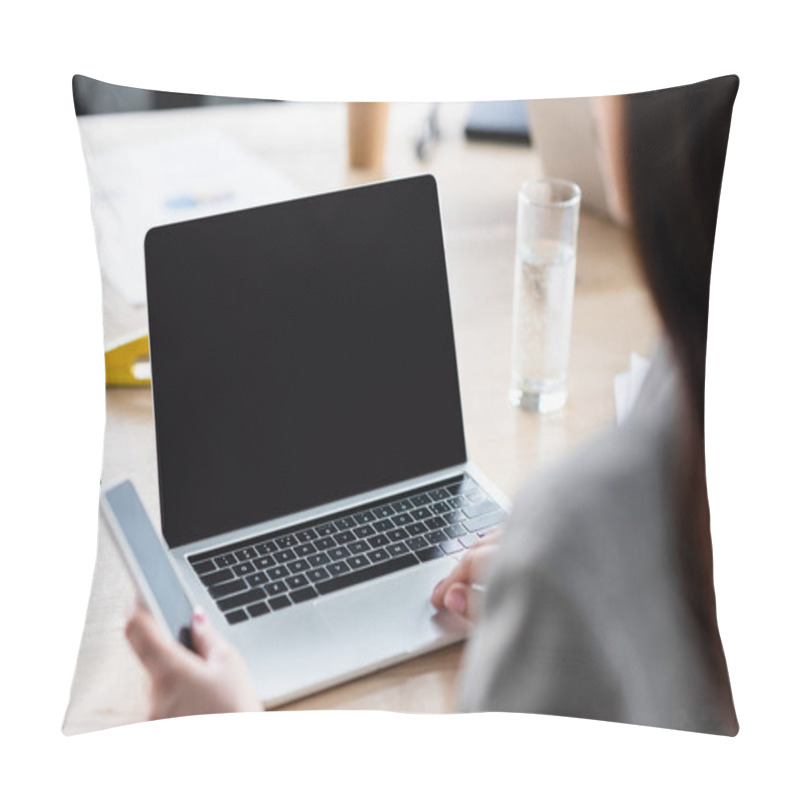 Personality  Cropped View Of Businesswoman Using Laptop And Smartphone With Blank Screen  Pillow Covers