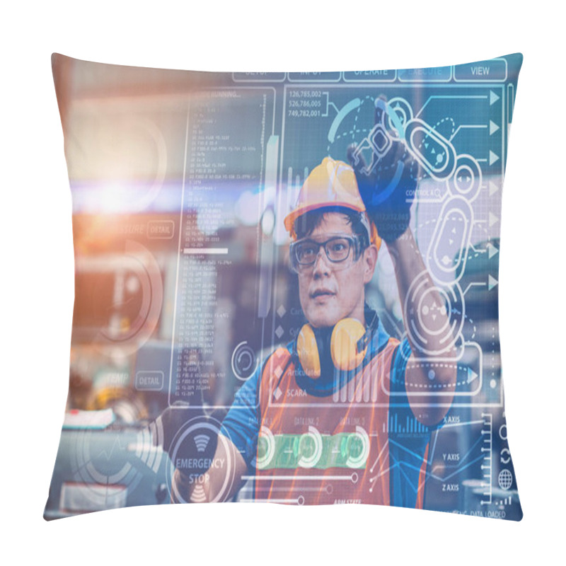 Personality  Smart Engineer Worker Using Advance Technology Visual Holographic Air Screen To Program And Control Robotic Arm For Automated Production In Modern Future Factory. Pillow Covers