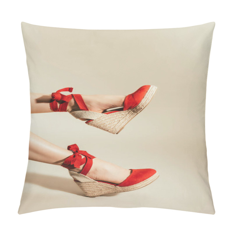 Personality  Cropped Shot Of Woman Legs In Stylish Red Platform Sandals On Beige Background Pillow Covers