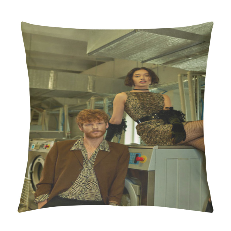 Personality  Fashionable Young Multiethnic Couple In Trendy Outfits Posing And Looking At Camera In Coin Laundry Pillow Covers