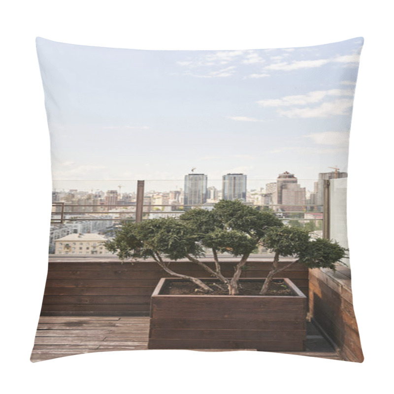 Personality  A Vibrant Tree Gracefully Thrives In A Planter On A Rustic Wooden Deck, Bathed In Sunlight And Bringing Nature Into This Urban Space Pillow Covers