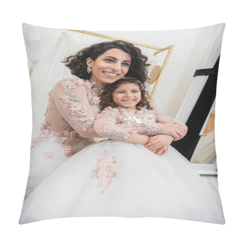 Personality  Delightful Middle Eastern Bride In Wedding Dress Hugging Happy Girl In Cute Floral Attire In Bridal Salon, Shopping, Special Moment, Mother And Daughter, Happiness, Looking Away Pillow Covers