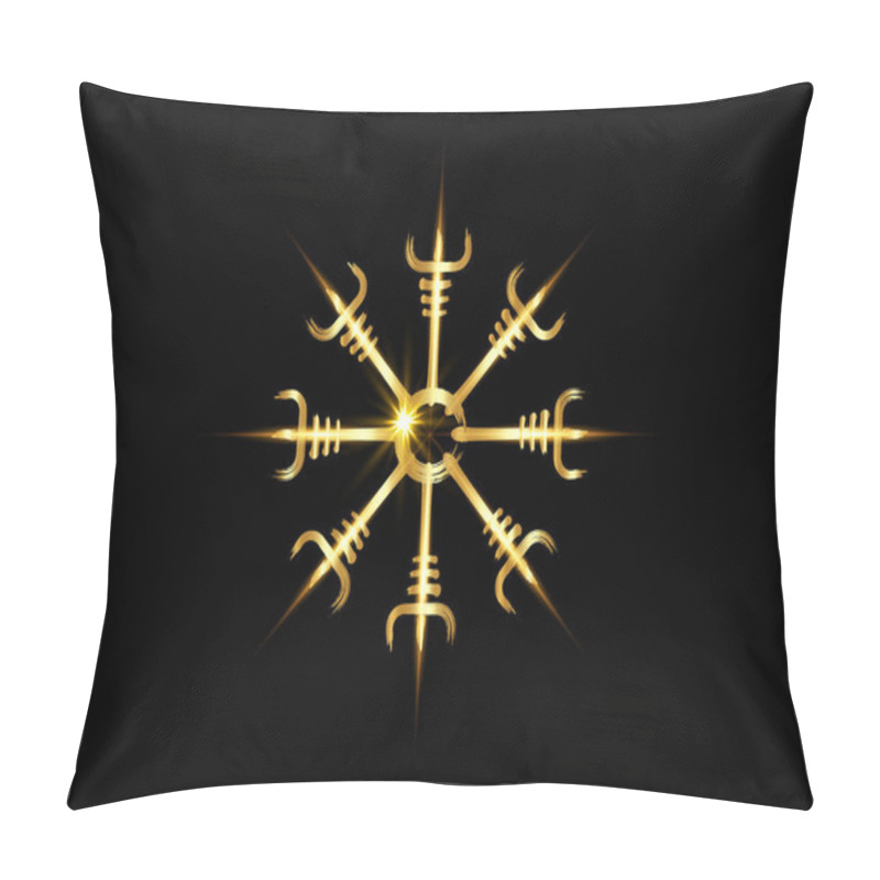 Personality  Helm Of Awe, Icelandic Magical Stave, Gold Vegvisir Runic Compass. Viking Symbols For The Purpose Of Protection From Disease. Very Old And Sacred Norse Golden Fire Sign Vector Isolated On Black Pillow Covers