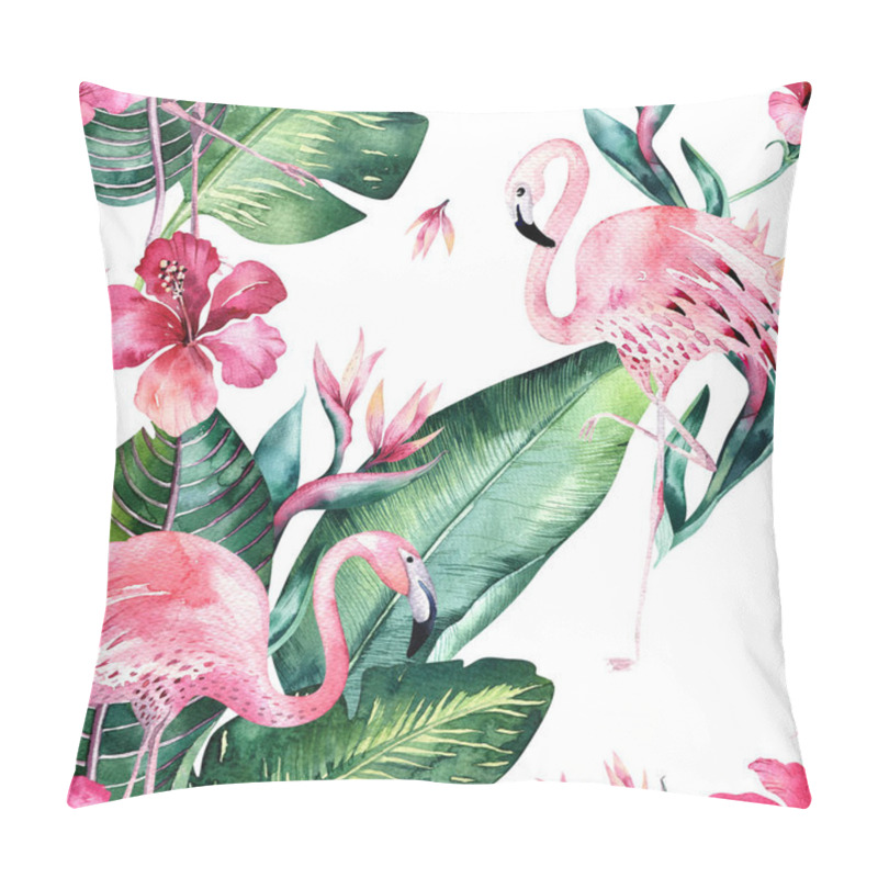 Personality  Tropical Seamless Floral Summer Pattern Background With Tropical Palm Leaves, Pink Flamingo Bird, Exotic Hibiscus. Perfect For Wallpapers, Textile Design, Fabric Print. Pillow Covers