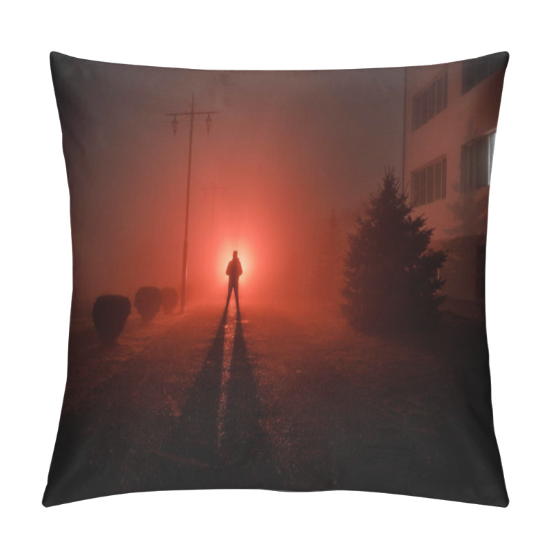 Personality  Night Landscape. City At Night In Dense Fog. Mystical Landscape Surreal Lights With Creepy Man. The Walking Man's Silhouette In Night Fog At Artificial Light. Beautiful Mixed Lighting From Backside. Pillow Covers