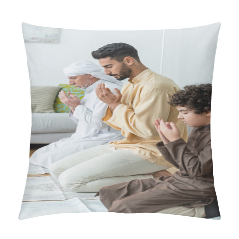 Personality  Side View Of Young Muslim Man Praying Near Father And Son On Rugs At Home  Pillow Covers