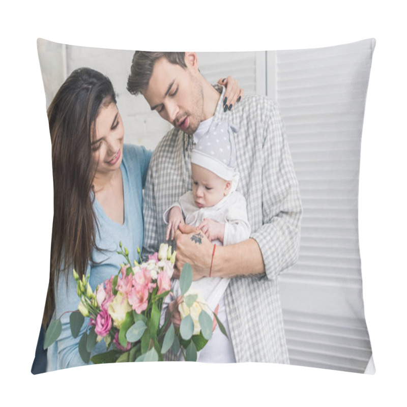 Personality  Portrait Of Happy Parents With Little Son And Bouquet Of Flowers At Home Pillow Covers