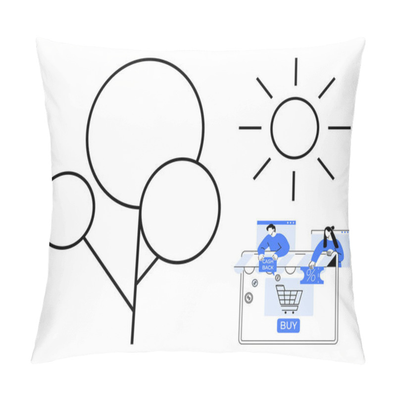 Personality  Tree Outline With Circular Leaves, Sun With Rays, And Online Shopping Elements Including A Cart And BUY Button. Ideal For Illustrating Sustainability, Online Shopping, E-commerce, Environmental Pillow Covers