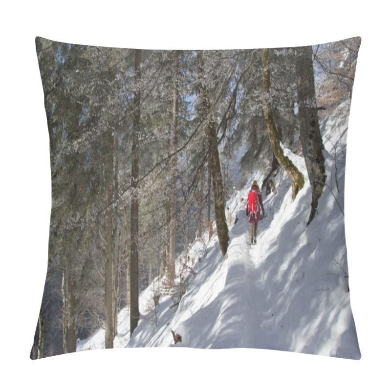 Personality  Back View Of Tourist With Backpack Walking In Snowy Mountains Near Neuschwanstein Castle, Germany Pillow Covers