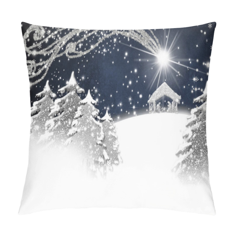 Personality  Christmas Nativity Scene Greetings Cards, Abstract Simple Freehand Drawing Of Nativity Scene, Snowy Landscape With Silver Glitter On A White Paper Background With Copy Space. Pillow Covers