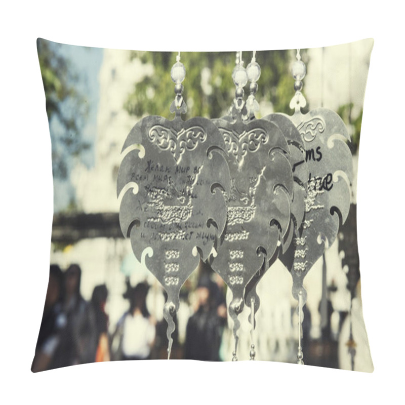 Personality  CHIANG RAI, THAILAND - DECEMBER, 2017: Wat Rong Khun, White Temple, decorated silver metal leaves for wishes and thoughts pillow covers