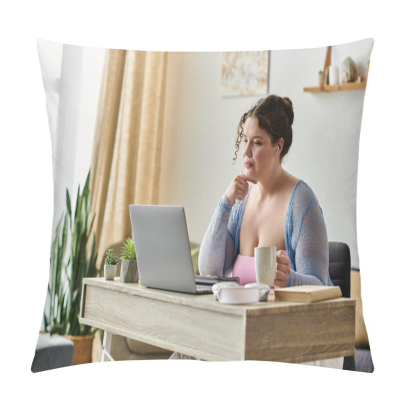 Personality  Hard Working Plus Size Woman With Curly Hair In Cozy Attire Working At Home. Pillow Covers