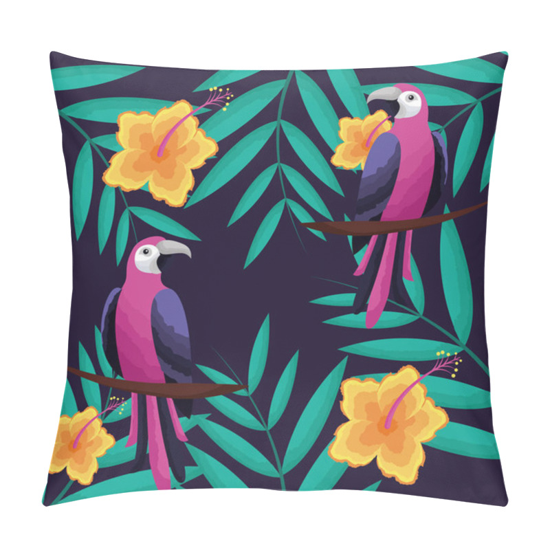 Personality  Tropical Natural Toucans Hibiscus Leaves Vector Illustration Pillow Covers