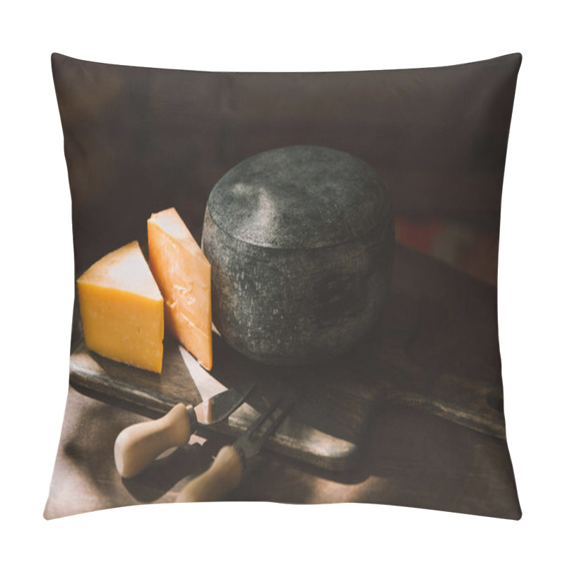 Personality  Two Sorts Of Cheese And Cutlery On Rustic Wooden Table Pillow Covers