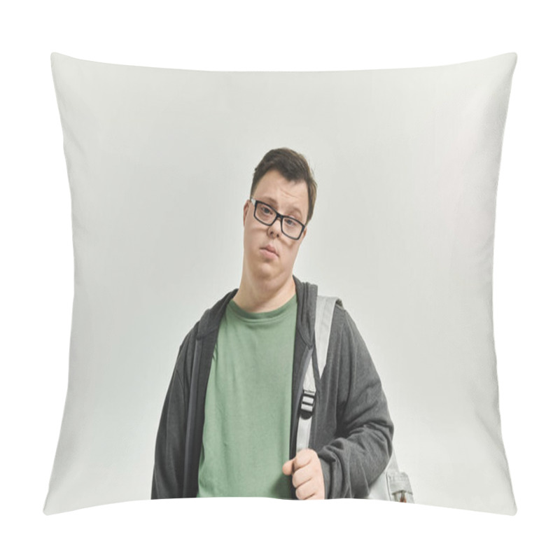 Personality  A Young Man With Down Syndrome Stands Thoughtfully, Ready For A New Journey. Pillow Covers