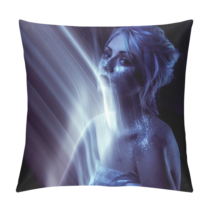 Personality  Ghostly Woman, Soul. Portrait Of A Movement Effect, Creative Body Art On Theme Space And Stars. Pillow Covers