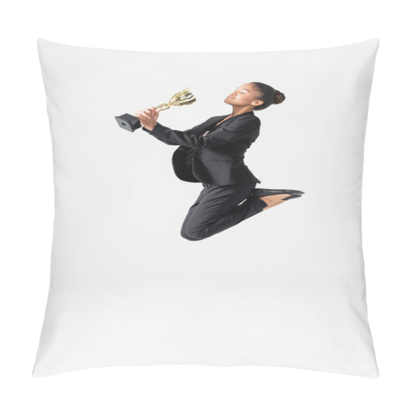 Personality  African American Businesswoman Performing Ballet With Golden Cup Isolated On Grey Pillow Covers