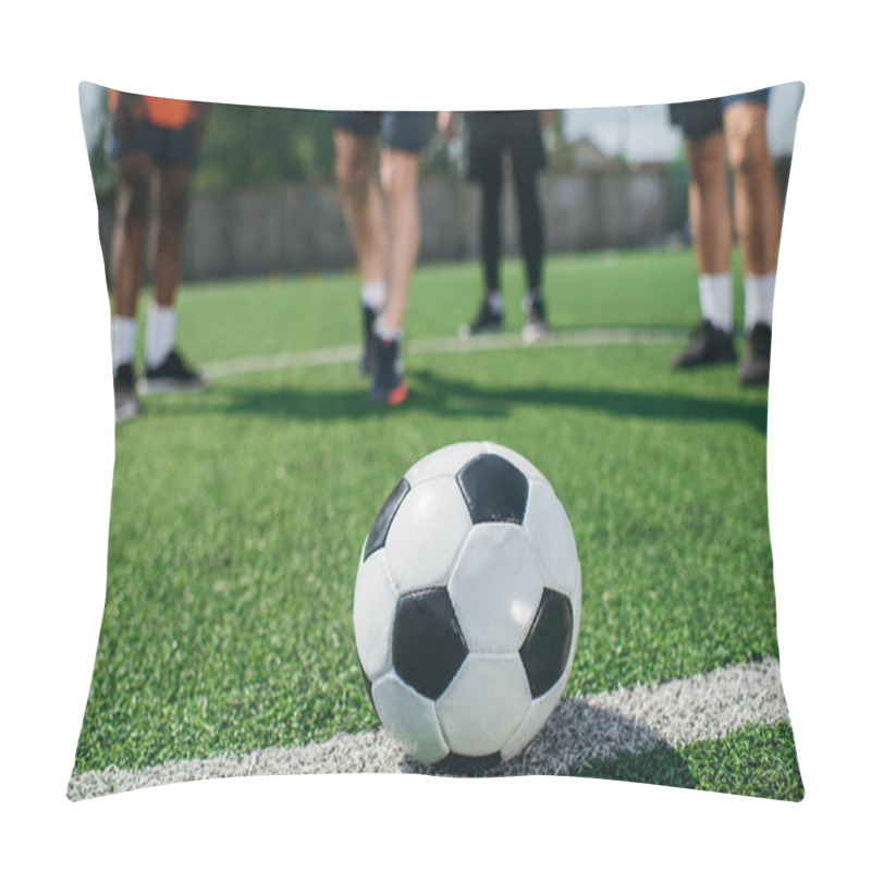 Personality  Selective Focus Of Football Ball And Multicultural Elderly Men On Green Football Field Pillow Covers