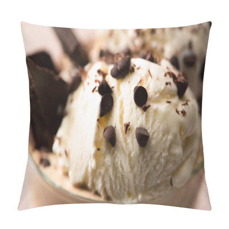 Personality  Selective Focus Of Glass Of Milkshake With Ice Cream, Pieces Of Chocolate And Candies On Beige  Pillow Covers