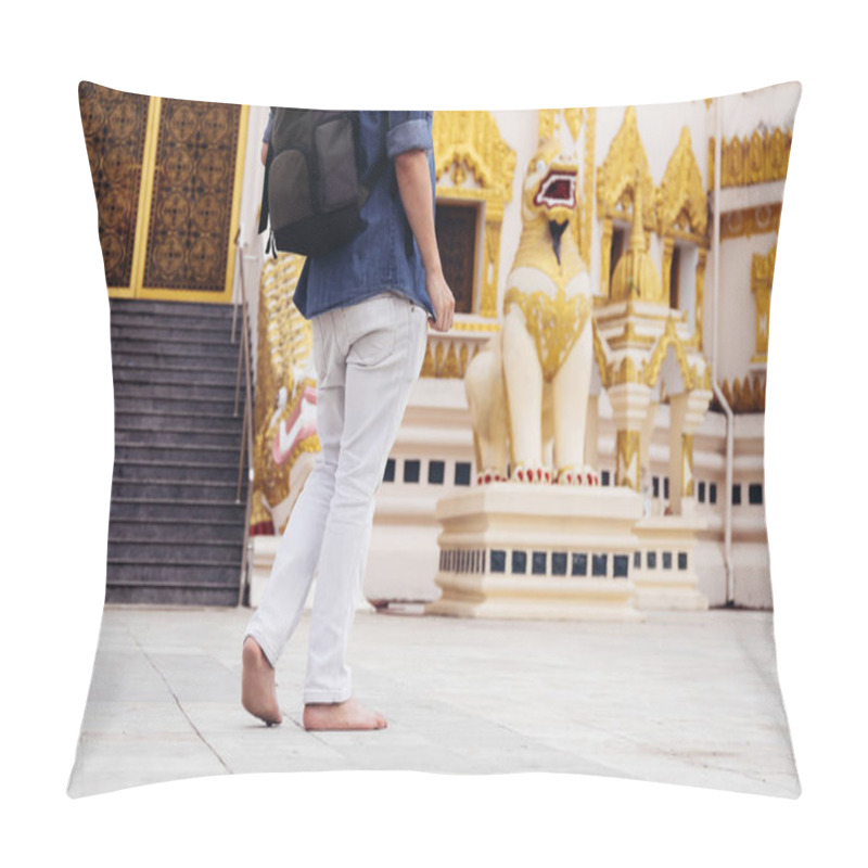 Personality  Back Of Young Man Backpacker Walking Towards Burmese Temple Named Buddha  Relic Tooth Pagoda In Yangon, Myanmar Pillow Covers