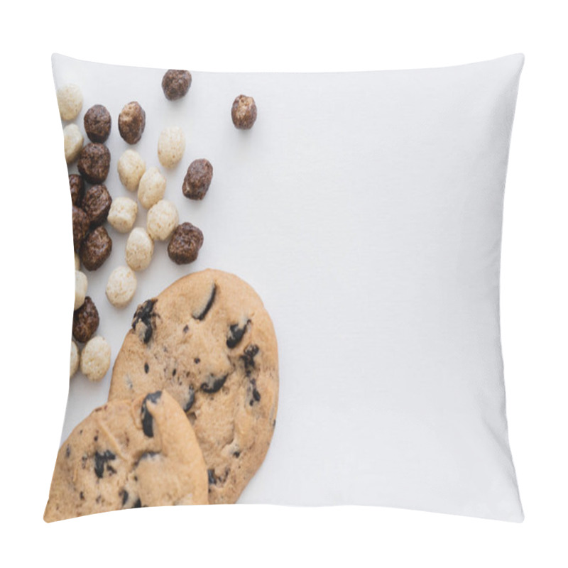 Personality  Top View Of Cereal Balls With Vanilla And Chocolate Flavors Near Tasty Cookies Isolated On White  Pillow Covers