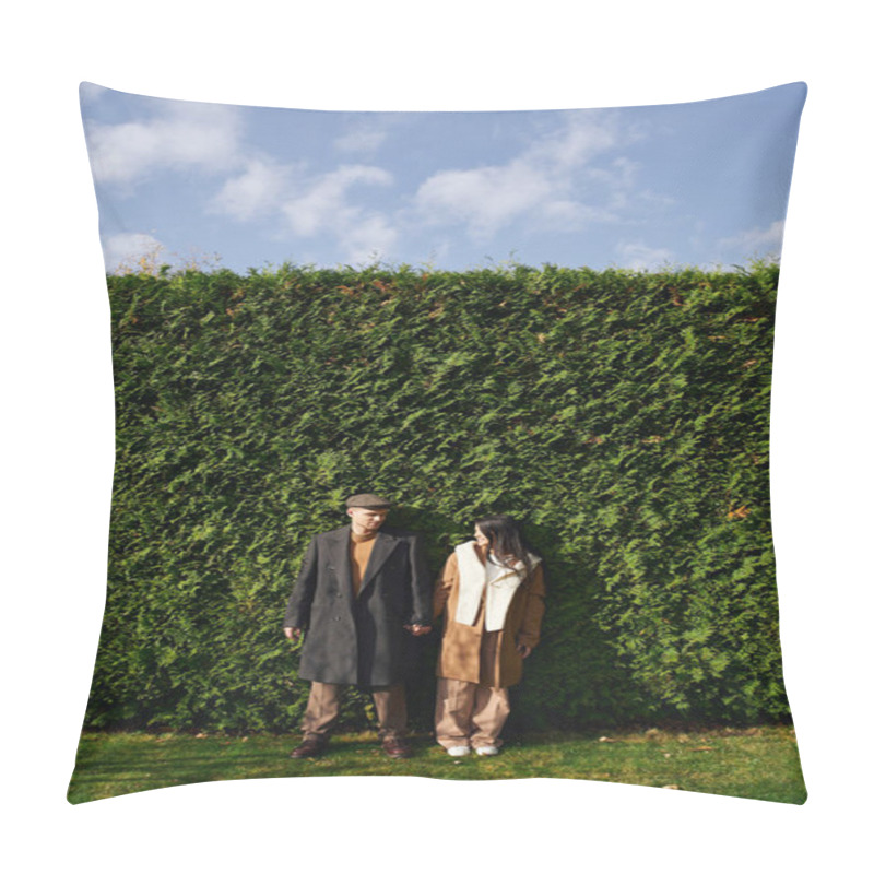 Personality  A Loving Couple Stands Together, Enjoying The Warm Autumn Weather With Nature All Around Them. Pillow Covers