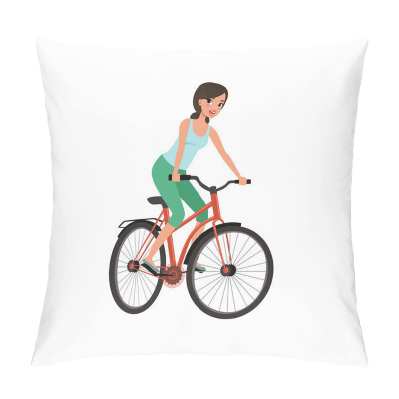 Personality  Young Woman Cycling Her Bike, Active Lifestyle Concept Vector Illustrations On A White Background Pillow Covers