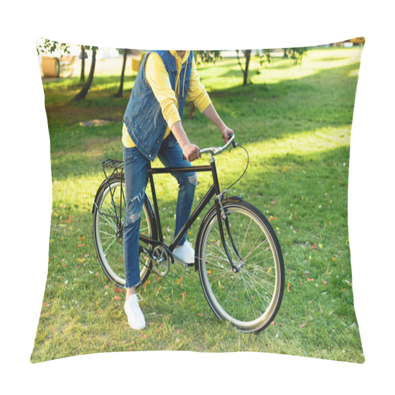 Personality  Partial View Of Man Stylish Man Riding Retro Bicycle In Park Pillow Covers