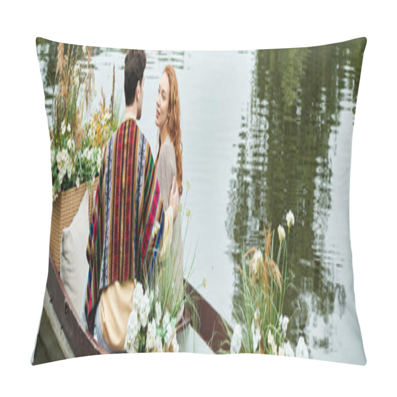 Personality  A Couple In Boho Attire Peacefully Row A Boat Adorned With Flowers In A Lush Green Park. Pillow Covers