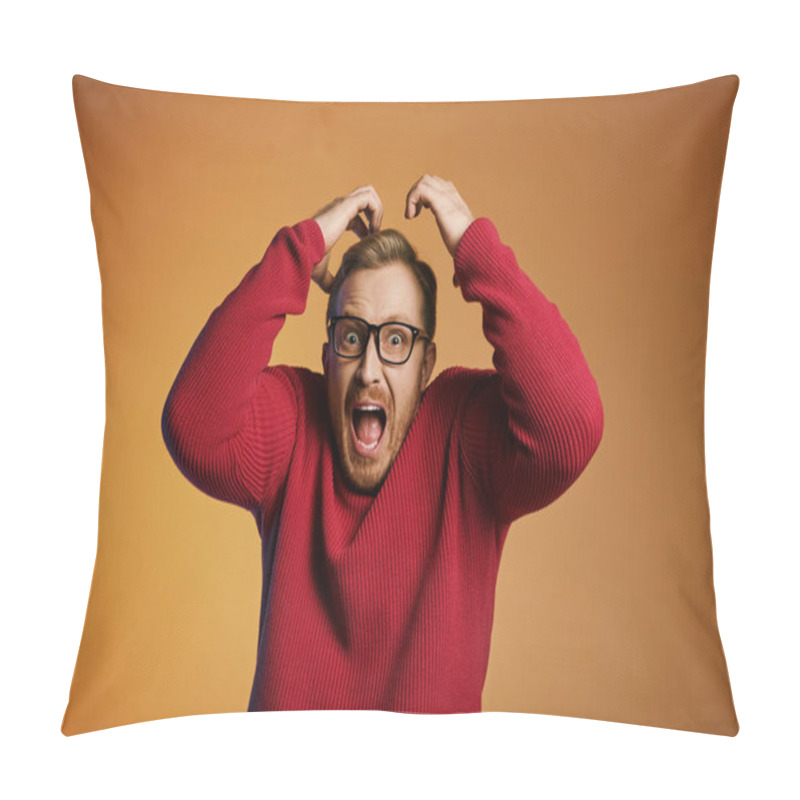 Personality  Stylish Man In Red Sweater, Holding Head In Distress. Pillow Covers