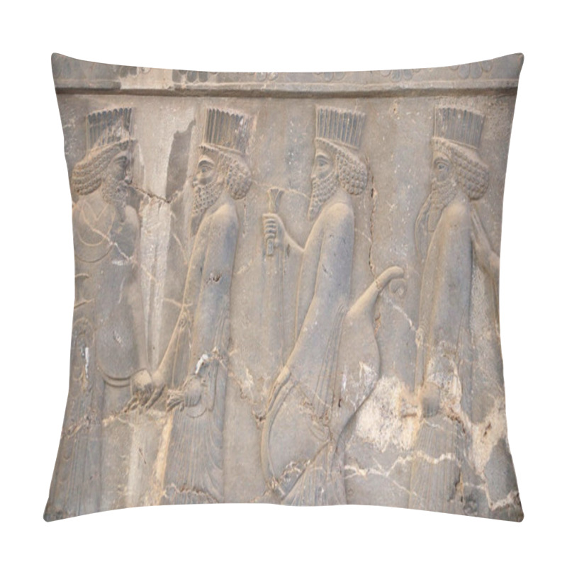 Personality  Ancient Wall With Bas-relief With Assyrian Foreign Ambassadors With Gifts And Donations, Persepolis, Iran. UNESCO World Heritage Site Pillow Covers