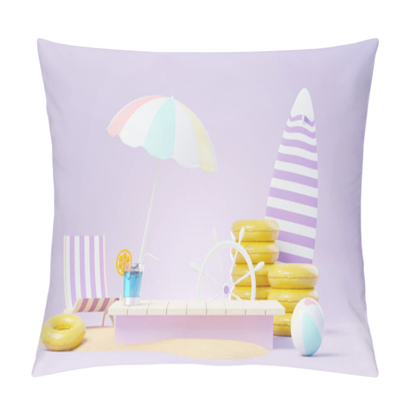 Personality  3d Render Summer Sale Podium Stand For Showing Product. Beach Vacations Scene In Summer For Mock Up. Pillow Covers