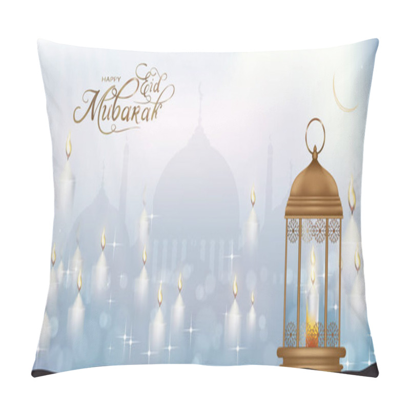 Personality  Eid Mubarak Card With Mosque Silhouette With Candle Light, Stars And Crescent Moon. Ramadan Or Ramazan Kareem Background With Copy Space For Eid Ul Fitr Or Ul Adha. Islam, Muslim Religion Pillow Covers