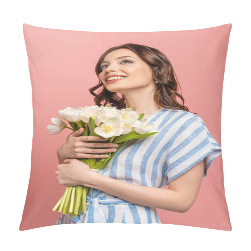 Personality  Happy Girl Looking Up While Holding Bouquet Of White Tulips Isolated On Pink Pillow Covers