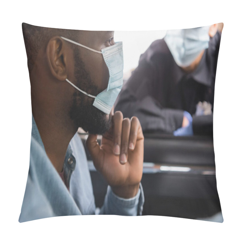 Personality  African American Driver In Medical Mask Sitting Near Policewoman On Blurred Background  Pillow Covers