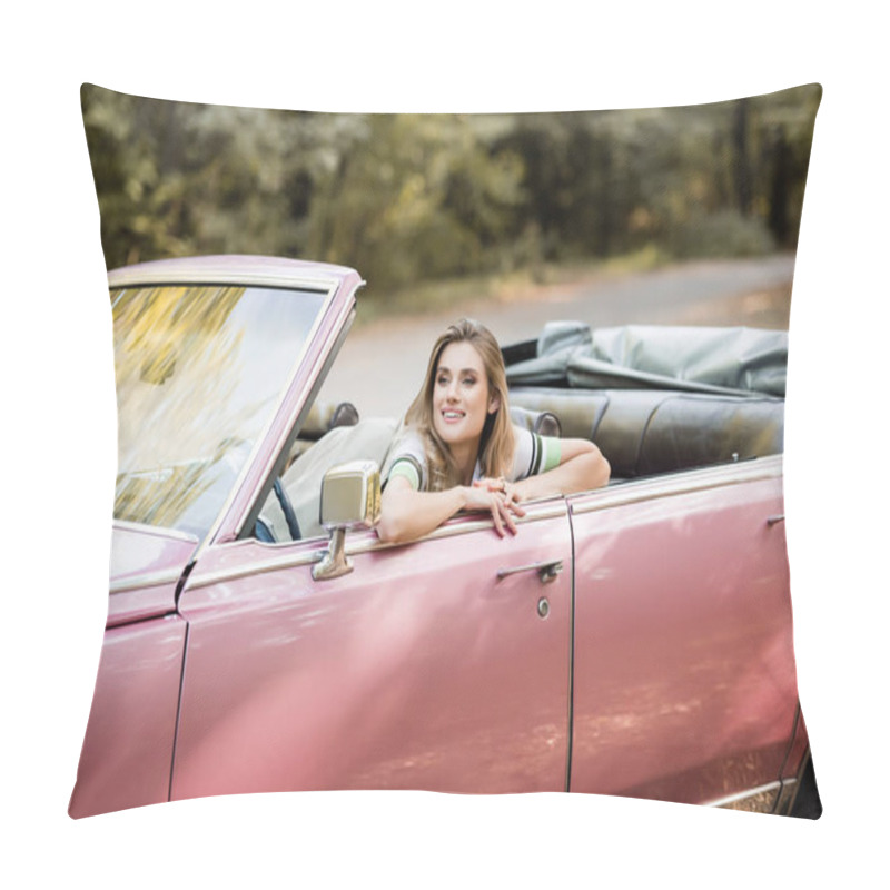 Personality  Cheerful Young Woman Looking Away While Sitting In Convertible Car Pillow Covers