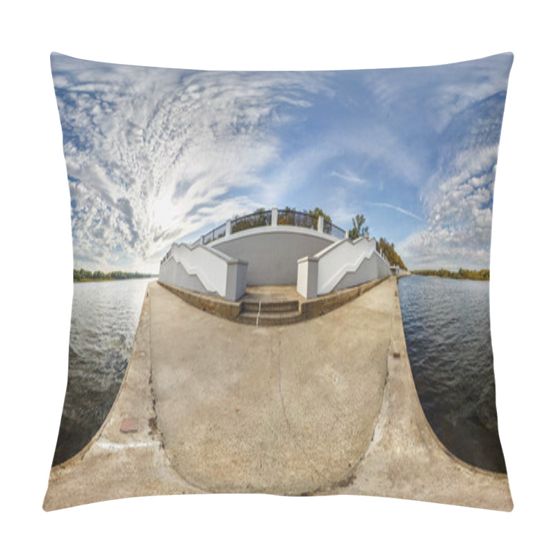 Personality  Full Seamless Spherical Hdri Panorama 360 Degrees Angle View Concrete Embankment Of Wide River In Sunny Day With Beautiful Clouds In Equirectangular Projection, Ready VR AR Virtual Reality Content Pillow Covers