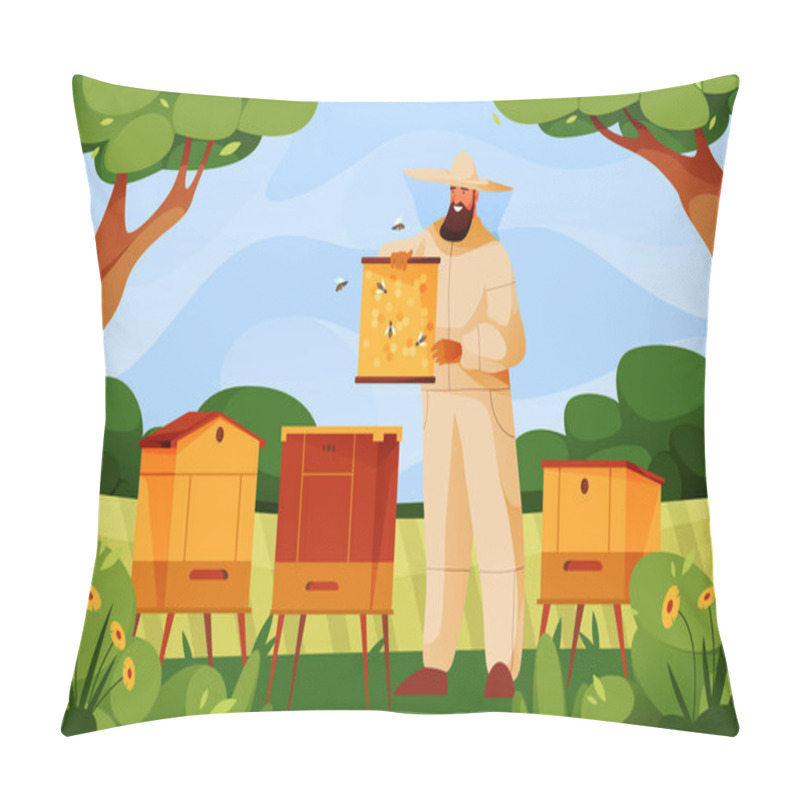 Personality  Beekeeper Or Apiarist, Vector Banner Or Background. Bee Garden Or Bee Yard, Rural Nature Landscape. Bee Master Gathers A Honey. Work Or Hobby. Apiculture Or Beekeeping, Honey Production. Pillow Covers