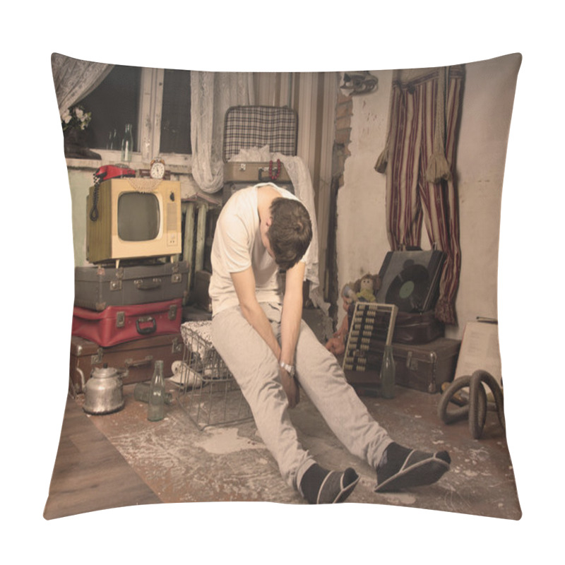 Personality  Young Man Taking A Nap At Messy Abandoned Room Pillow Covers