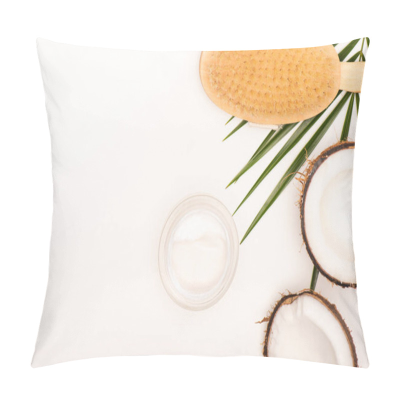 Personality  Top View Of Massage Brush, Cosmetic Cream And Coconut Halves On White With Copy Space Pillow Covers