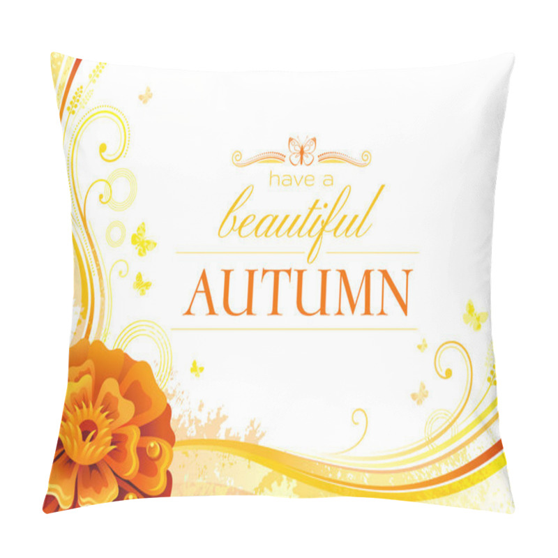 Personality  Autumn Background With Marigold Flower, Falling Leaves, Butterflies, Abstract Wave Lines, Swirls, Grunge Pattern, Copy Space For Text. Elegant Modern Seasonal Vector Illustration. Pillow Covers