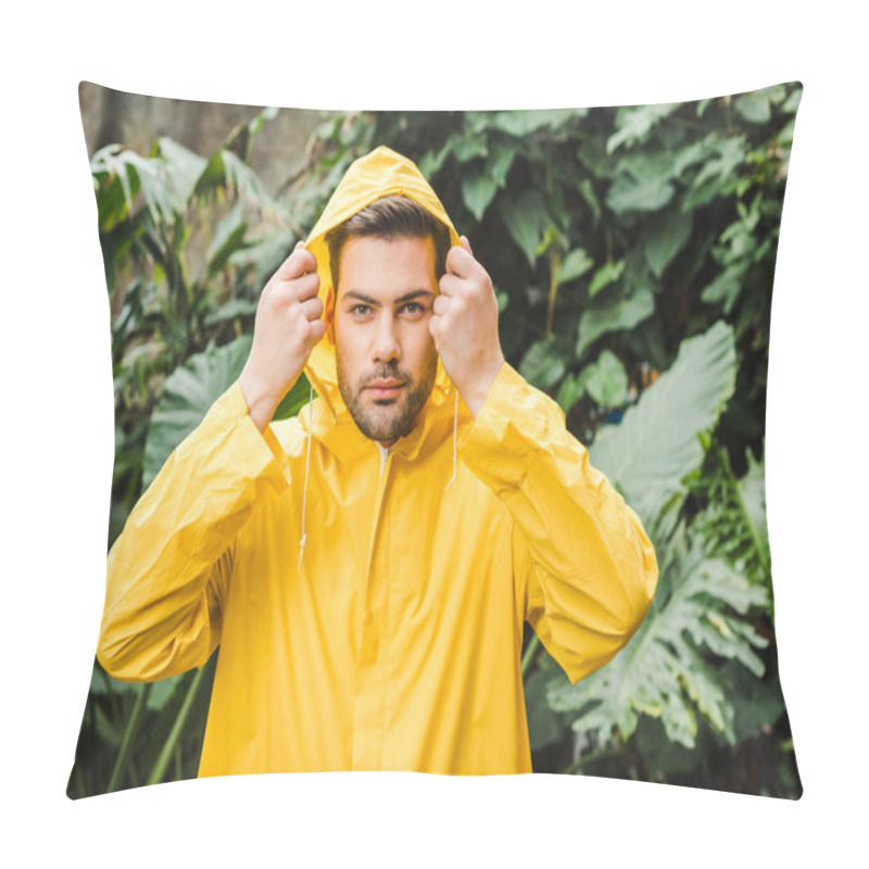 Personality  Handsome Hooded Young Man In Yellow Raincoat In Jungle Pillow Covers