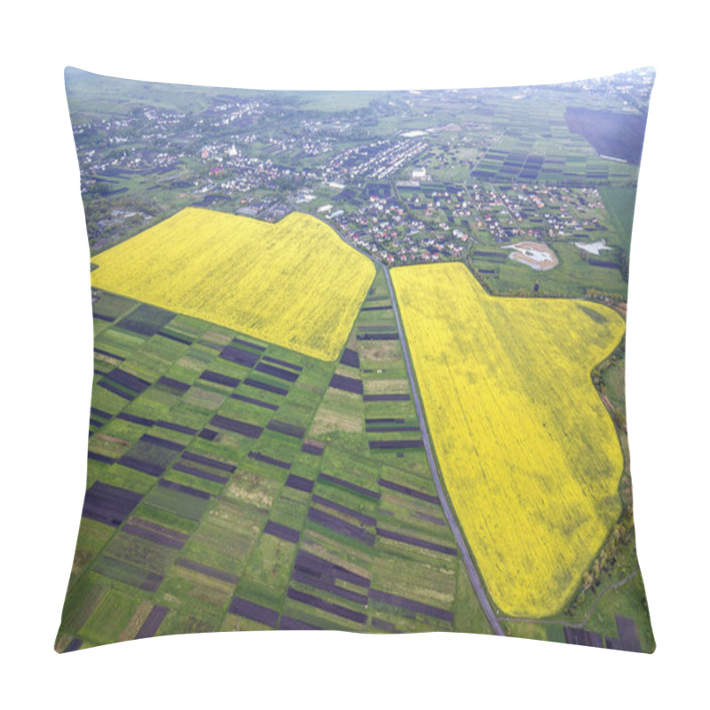 Personality  Rural Landscape On Spring Or Summer Day. Aerial View Of Green, Plowed And Blooming Fields, House Roofs On Sunny Dawn. Drone Photography. Pillow Covers