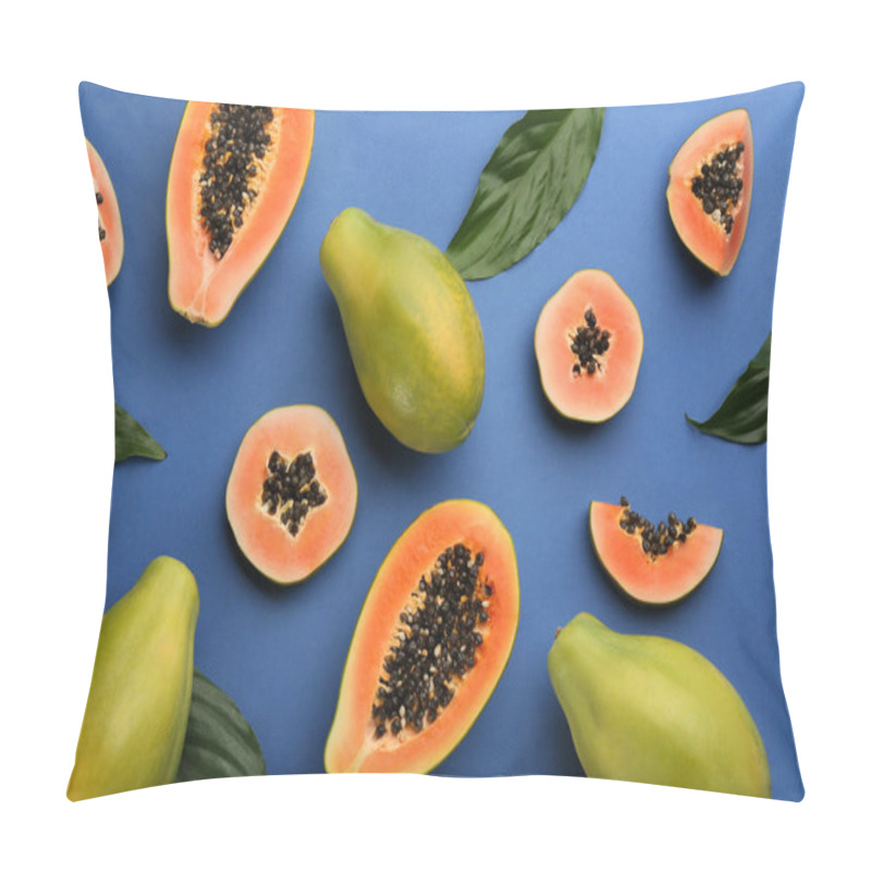 Personality  Fresh Ripe Papaya Fruits With Green Leaves On Blue Background, Flat Lay Pillow Covers