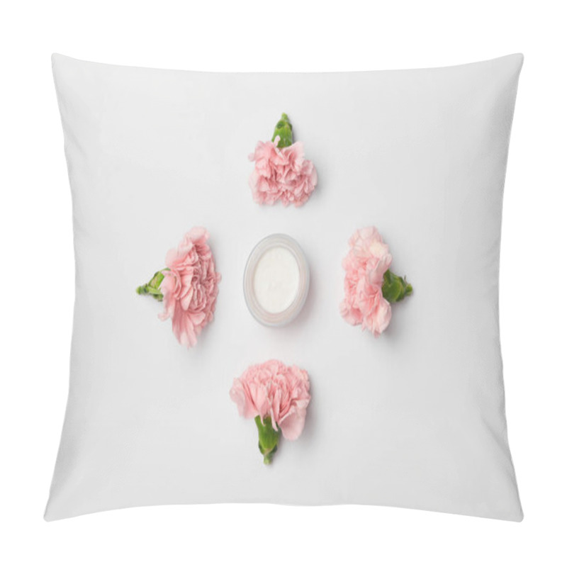 Personality  Flat Lay Of Carnations Flowers In Rhombus Arranging And Cream Container On White Background Pillow Covers