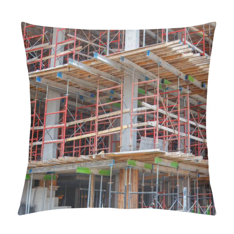 Personality  Concrete Building Under Construction Featuring Wooden Formwork, Support Columns, And Scaffolding, Showcasing Structural Engineering And Construction Progress. Pillow Covers