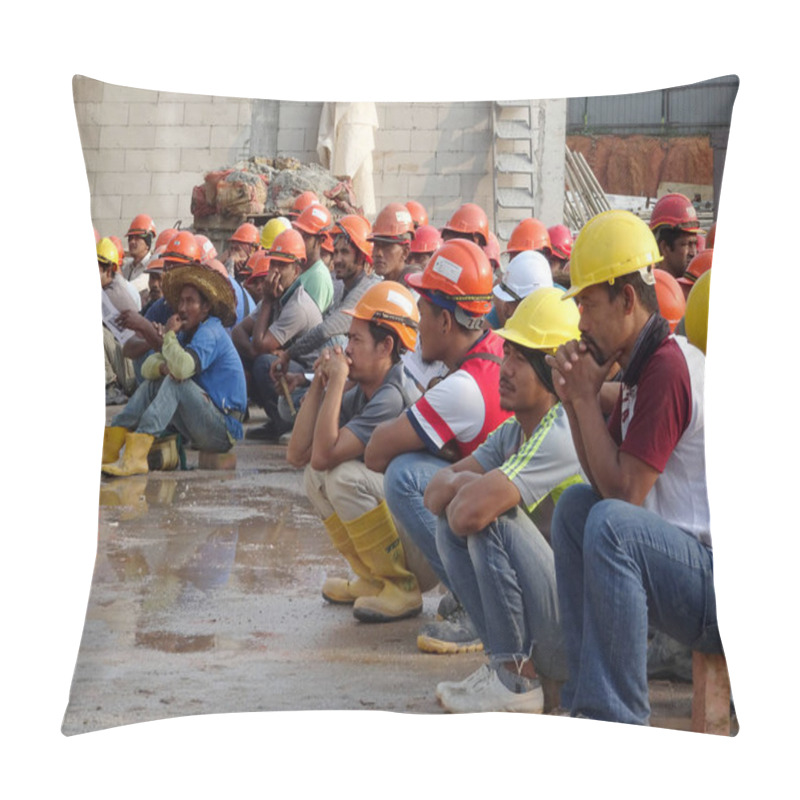 Personality  SELANGOR, MALAYSIA -JANUARY 5, 2020: Foreign Workers Gathered At The Construction Site Assembly Area To Hear A Morning Briefing. All Workers Are Required To Use PPE While Present. Pillow Covers